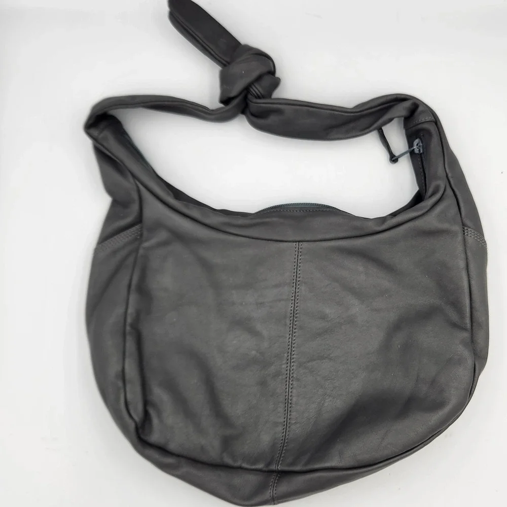Tano‎ Gray Leather Hobo Bag with Tie Strap – Slouchy Shoulder Purse Zip Pocket